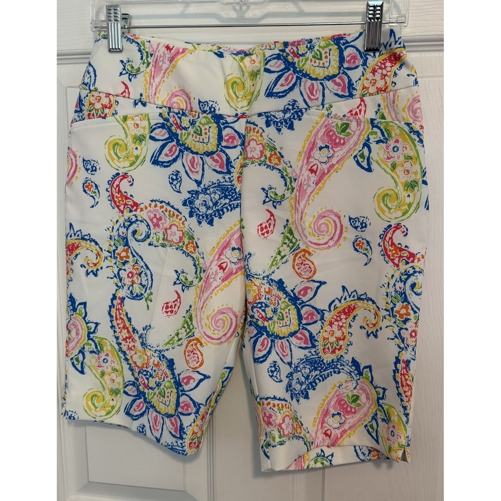 IBKUL Golf Shorts Women's 2 "Sharon White Multi" Paisley Floral 9.5" Pull On